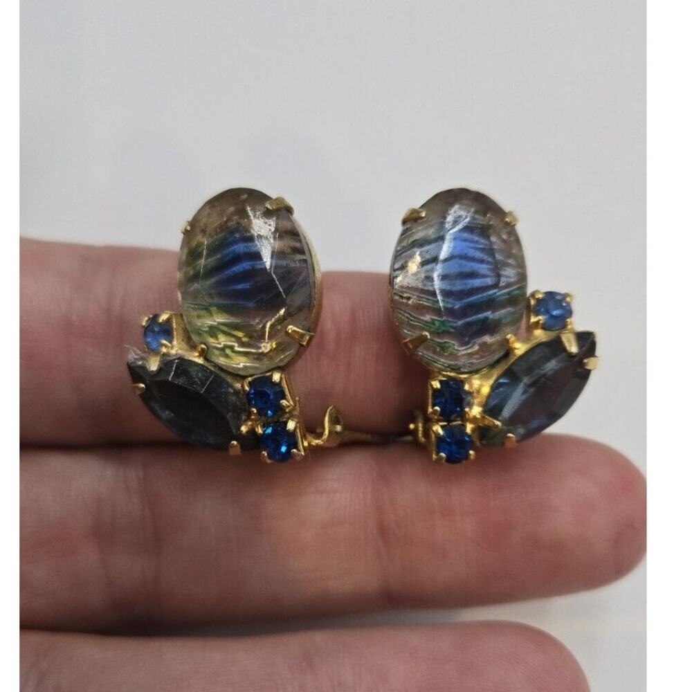 Vintage Unique Glass Cluster Blue Clip Earrings Rhinestone Statement Bling